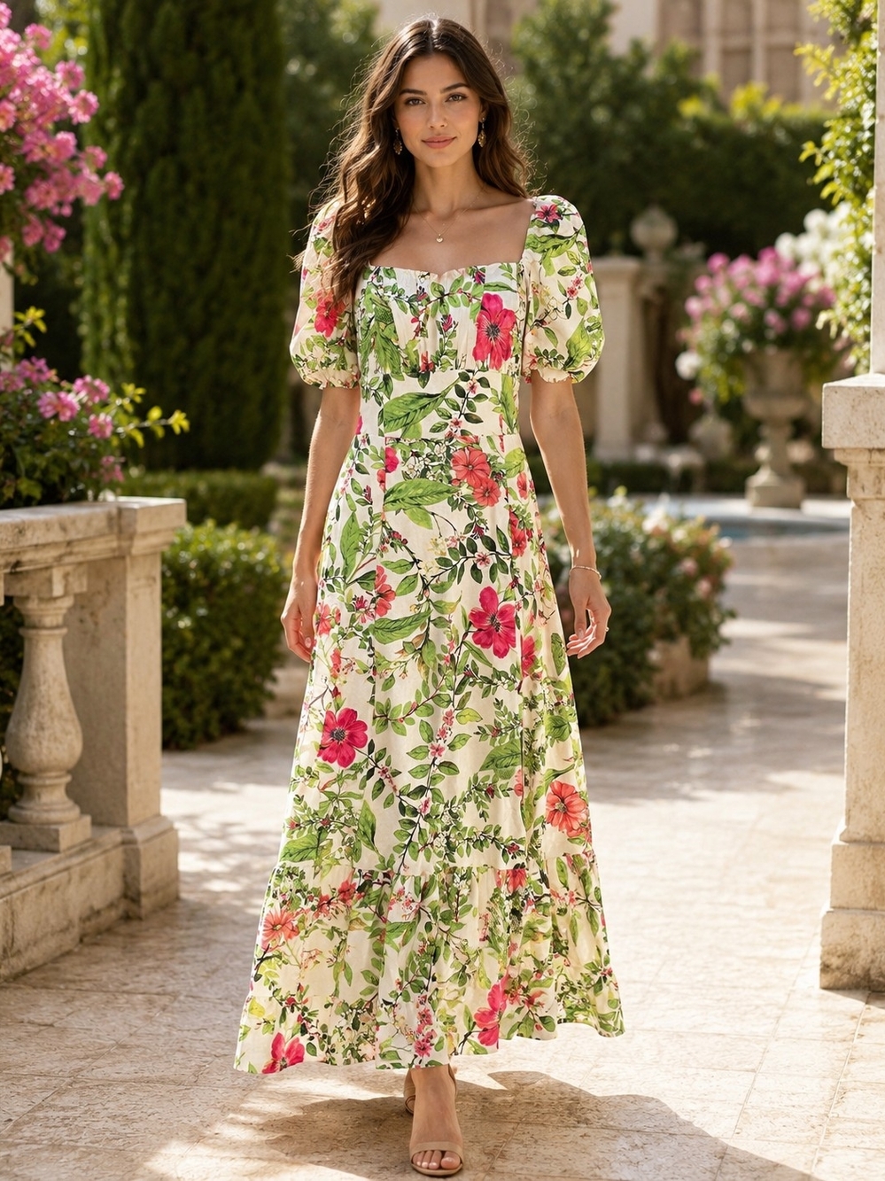 London Times Floral Puff Sleeve Linen Blend Maxi Dress Size 8 NWT